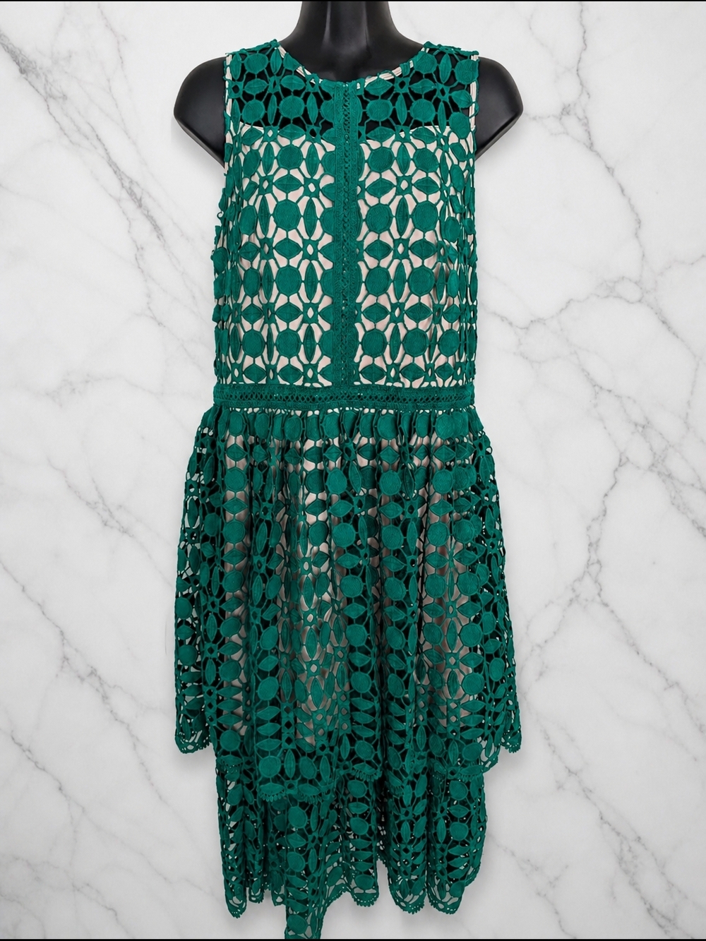 Ryan Michelle Teal Crochet Lace Dress L Sleeveless Fit Flare Boho
